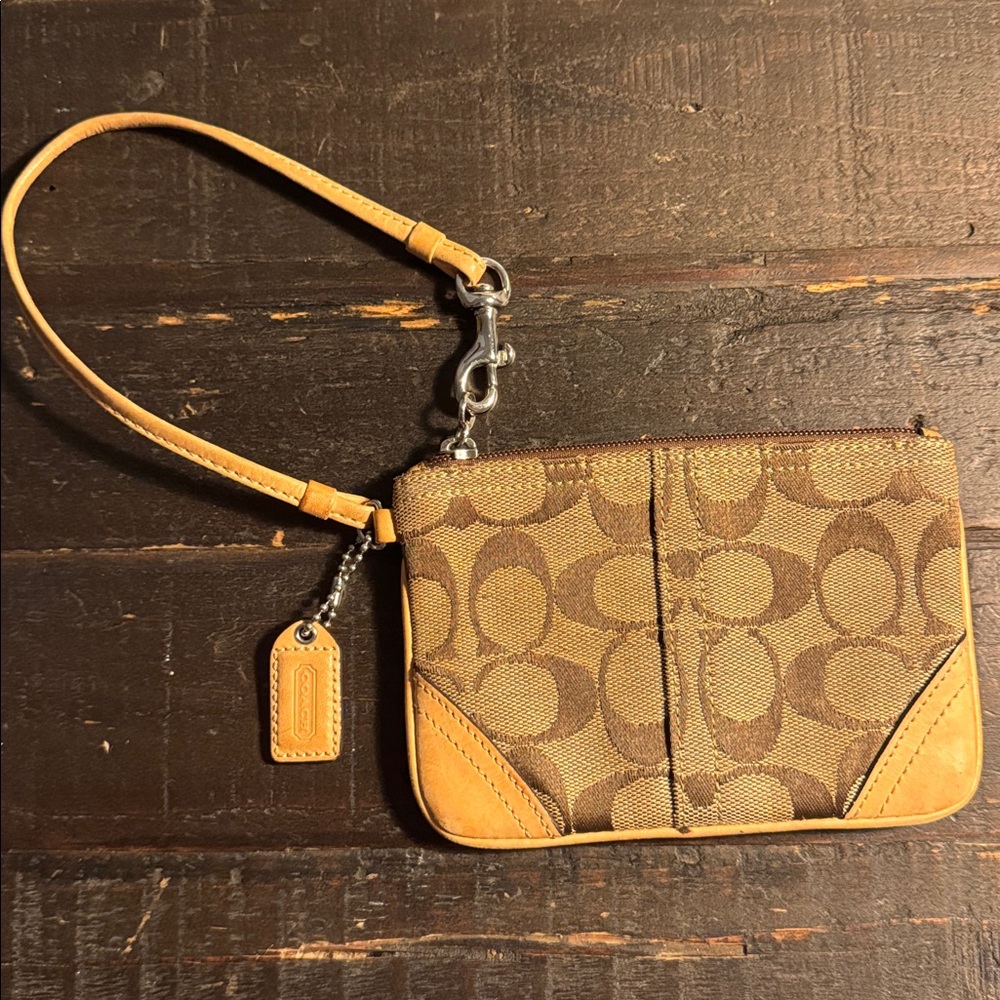 Coach Tan and Brown Signature Wristlet